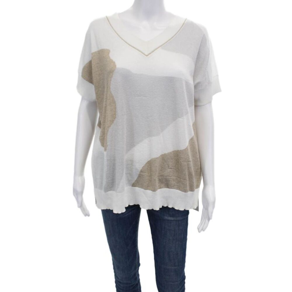 Tonet Womens Short Sleeved Geometric Patterned V Neck Colorblock Top Size 40